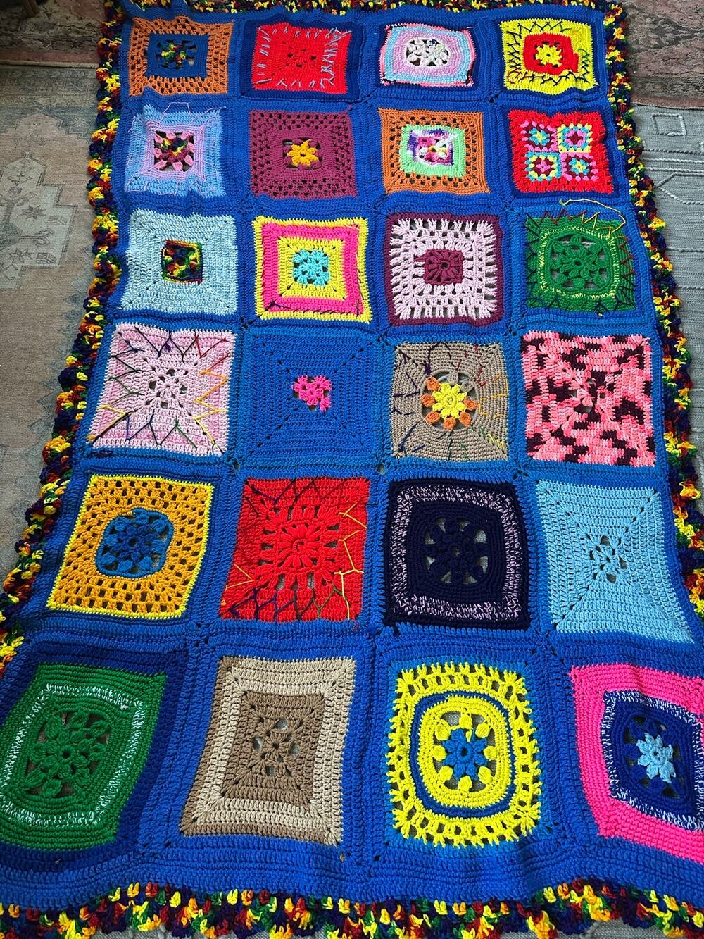 Afghan Granny Square Crotchet Throw Blanket 82x53 vibrant blue pink colorful fun